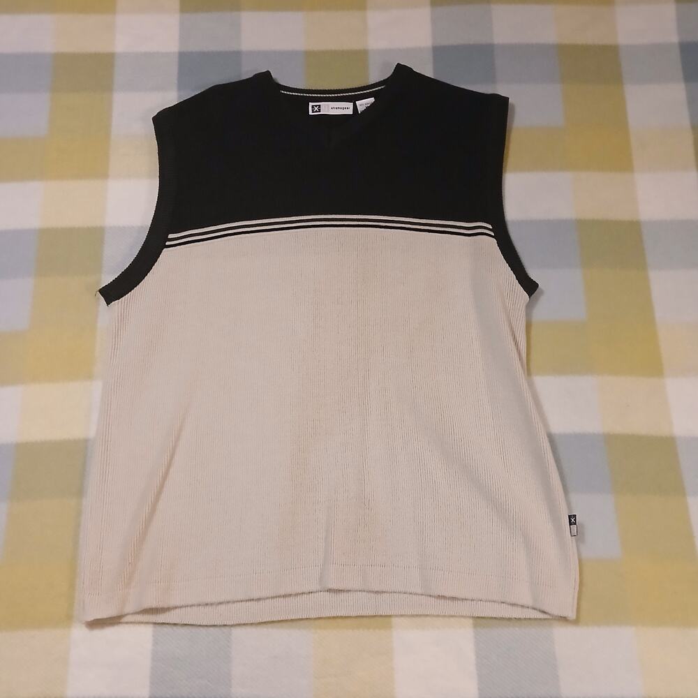 VTG Y2K Xtreme Gear V-Neck Sweater Vest Adult M Beige Black Lightweight Preppy